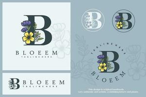 bloemen botanisch brief b. monogram doopvont logo gecombineerd met planten. cirkel bloem logo, picturaal, in pastel kleuren vector