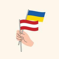tekenfilm hand- Holding oekraïens en oostenrijks vlaggen. Oekraïne en Oostenrijk relaties vector
