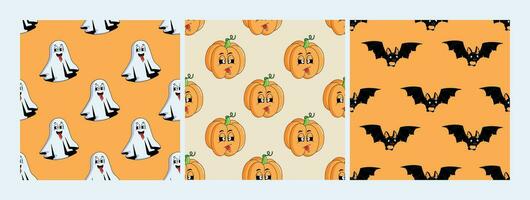 halloween naadloos patroon. tekenfilm stijl tekens pompoen, geest, knuppel. modern vector achtergrond.