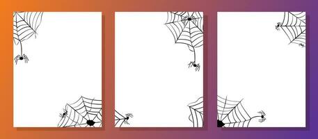 reeks van banier ontwerpen voor gelukkig halloween met spinnenwebben en spinnen. wit Sjablonen Aan oranje helling achtergrond. vector