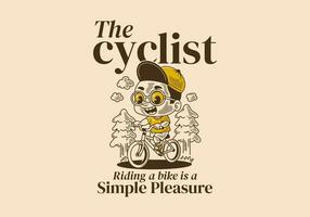 de fietser, rijden een fiets is een gemakkelijk genoegen. retro illustratie van een jongen rijden fiets, pijnboom bomen vector