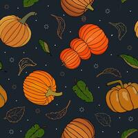 herfst pompoenen met zwart en wit katoenen stof patroon. perfect voor val, dankzegging, halloween, vakantie, kleding stof, textiel. naadloos herhaling swatch met kleurrijk pompoenen, pompoenen en bladeren. vector