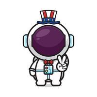 schattige astronaut met vrede pose viert amerika onafhankelijkheidsdag cartoon pictogram vectorillustratie vector