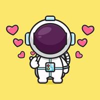 schattige astronaut met vinger liefde pose cartoon pictogram vectorillustratie