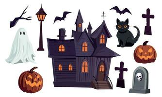 tekenfilm halloween achtervolgd huis verzameling van illustraties. vector verzameling van achtervolgd huis, spookachtig geest, pompoen, knuppel, en graven. gelukkig halloween festival elementen voor decoratie, afdrukken.