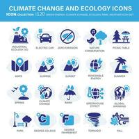 klimaat Wijzigen, ecologie, groen energie, park en weer icoon set. met globaal opwarming, hernieuwbaar energie, serre, smelten ijs, aarde vervuiling, buitenshuis werkzaamheid. vlak vector illustratie