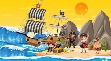 Treasure Island-scène in zonsondergangtijd met piratenkinderen vector