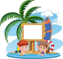 sjabloon voor lege spandoek met kinderen karakter op zomervakantie op het strand op witte achtergrond vector