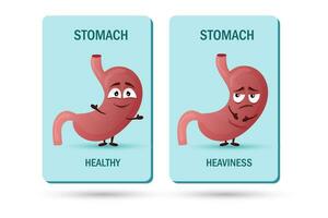 tekenfilm maag karakter. concept van gezond en ziek intern orgaan, zwaarte en pijn. vector illustratie