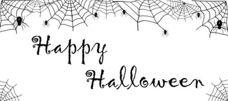 belettering gelukkig halloween. kaart met spinnen in spinnenwebben. illustratie voor vakantie ontwerp, decoraties, kaarten, banier vector