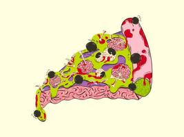 stuk van pizza met hersenen, ogen en spin voor halloween. snel voedsel vector illustratie in retro tekenfilm stijl.
