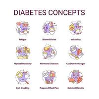 diabetes concept pictogrammen instellen. gezondheidsproblemen. ziekte gezondheidsproblemen. speciaal dieet voor zieke mensen. gezond eten idee dunne lijn kleur illustraties. vector geïsoleerde overzichtstekeningen. bewerkbare streek