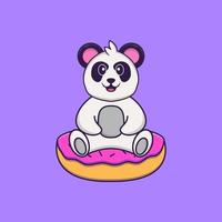 schattige panda zit op donuts. dierlijk beeldverhaalconcept geïsoleerd. kan worden gebruikt voor t-shirt, wenskaart, uitnodigingskaart of mascotte. platte cartoonstijl vector