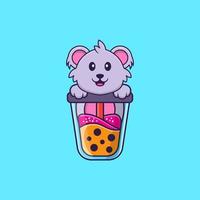 schattige koala die boba-melkthee drinkt. dierlijk beeldverhaalconcept geïsoleerd. kan worden gebruikt voor t-shirt, wenskaart, uitnodigingskaart of mascotte. platte cartoonstijl vector