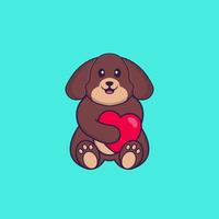 schattige hond met een groot rood hart. dierlijk beeldverhaalconcept geïsoleerd. kan worden gebruikt voor t-shirt, wenskaart, uitnodigingskaart of mascotte. platte cartoonstijl vector