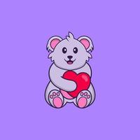 schattige koala met een groot rood hart. dierlijk beeldverhaalconcept geïsoleerd. kan worden gebruikt voor t-shirt, wenskaart, uitnodigingskaart of mascotte. platte cartoonstijl vector