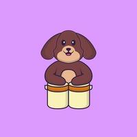 schattige hond speelt drums. dierlijk beeldverhaalconcept geïsoleerd. kan worden gebruikt voor t-shirt, wenskaart, uitnodigingskaart of mascotte. platte cartoonstijl vector