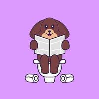 schattige hond poept op het toilet en leest de krant. dierlijk beeldverhaalconcept geïsoleerd. kan worden gebruikt voor t-shirt, wenskaart, uitnodigingskaart of mascotte. platte cartoonstijl vector