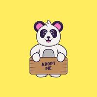 schattige panda met een poster adopteer me. dierlijk beeldverhaalconcept geïsoleerd. kan worden gebruikt voor t-shirt, wenskaart, uitnodigingskaart of mascotte. platte cartoonstijl vector