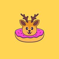 schattig hert met een donut op zijn nek. dierlijk beeldverhaalconcept geïsoleerd. kan worden gebruikt voor t-shirt, wenskaart, uitnodigingskaart of mascotte. platte cartoonstijl vector