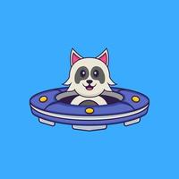 schattige hond die ruimteschip ufo bestuurt. dierlijk beeldverhaalconcept geïsoleerd. kan worden gebruikt voor t-shirt, wenskaart, uitnodigingskaart of mascotte. platte cartoonstijl vector