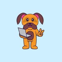 schattige hond met laptop. dierlijk beeldverhaalconcept geïsoleerd. kan worden gebruikt voor t-shirt, wenskaart, uitnodigingskaart of mascotte. platte cartoonstijl vector