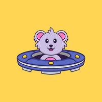 schattige koala die een ruimteschip ufo bestuurt. dierlijk beeldverhaalconcept geïsoleerd. kan worden gebruikt voor t-shirt, wenskaart, uitnodigingskaart of mascotte. platte cartoonstijl vector