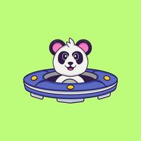 schattige panda die ruimteschip ufo bestuurt. dierlijk beeldverhaalconcept geïsoleerd. kan worden gebruikt voor t-shirt, wenskaart, uitnodigingskaart of mascotte. platte cartoonstijl vector