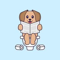 schattige hond poept op het toilet en leest de krant. dierlijk beeldverhaalconcept geïsoleerd. kan worden gebruikt voor t-shirt, wenskaart, uitnodigingskaart of mascotte. platte cartoonstijl vector