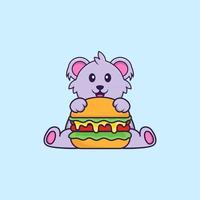 schattige koala die hamburger eet. dierlijk beeldverhaalconcept geïsoleerd. kan worden gebruikt voor t-shirt, wenskaart, uitnodigingskaart of mascotte. platte cartoonstijl vector