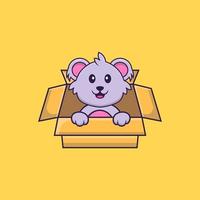 schattige koala spelen in doos. dierlijk beeldverhaalconcept geïsoleerd. kan worden gebruikt voor t-shirt, wenskaart, uitnodigingskaart of mascotte. platte cartoonstijl vector