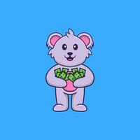 schattige koala die geld aanhoudt. dierlijk beeldverhaalconcept geïsoleerd. kan worden gebruikt voor t-shirt, wenskaart, uitnodigingskaart of mascotte. platte cartoonstijl vector