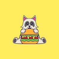 schattige hond die hamburger eet. dierlijk beeldverhaalconcept geïsoleerd. kan worden gebruikt voor t-shirt, wenskaart, uitnodigingskaart of mascotte. platte cartoonstijl vector