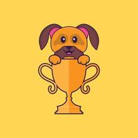 schattige hond met gouden trofee. dierlijk beeldverhaalconcept geïsoleerd. kan worden gebruikt voor t-shirt, wenskaart, uitnodigingskaart of mascotte. platte cartoonstijl vector