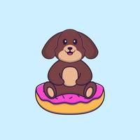 schattige hond zit op donuts. dierlijk beeldverhaalconcept geïsoleerd. kan worden gebruikt voor t-shirt, wenskaart, uitnodigingskaart of mascotte. platte cartoonstijl vector