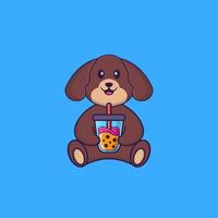 schattige hond die boba-melkthee drinkt. dierlijk beeldverhaalconcept geïsoleerd. kan worden gebruikt voor t-shirt, wenskaart, uitnodigingskaart of mascotte. platte cartoonstijl vector