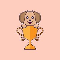 schattige hond met gouden trofee. dierlijk beeldverhaalconcept geïsoleerd. kan worden gebruikt voor t-shirt, wenskaart, uitnodigingskaart of mascotte. platte cartoonstijl vector