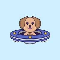 schattige hond die ruimteschip ufo bestuurt. dierlijk beeldverhaalconcept geïsoleerd. kan worden gebruikt voor t-shirt, wenskaart, uitnodigingskaart of mascotte. platte cartoonstijl vector