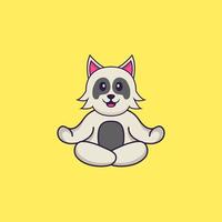 schattige hond mediteert of doet yoga. dierlijk beeldverhaalconcept geïsoleerd. kan worden gebruikt voor t-shirt, wenskaart, uitnodigingskaart of mascotte. platte cartoonstijl vector