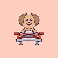 schattige hond rijdt. dierlijk beeldverhaalconcept geïsoleerd. kan worden gebruikt voor t-shirt, wenskaart, uitnodigingskaart of mascotte. platte cartoonstijl vector