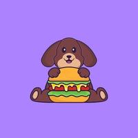 schattige hond die hamburger eet. dierlijk beeldverhaalconcept geïsoleerd. kan worden gebruikt voor t-shirt, wenskaart, uitnodigingskaart of mascotte. platte cartoonstijl vector