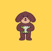 schattige hond met een kaart. dierlijk beeldverhaalconcept geïsoleerd. kan worden gebruikt voor t-shirt, wenskaart, uitnodigingskaart of mascotte. platte cartoonstijl vector