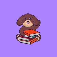 schattige hond die een boek leest. dierlijk beeldverhaalconcept geïsoleerd. kan worden gebruikt voor t-shirt, wenskaart, uitnodigingskaart of mascotte. platte cartoonstijl vector