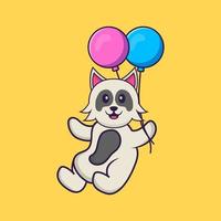schattige hond die met twee ballonnen vliegt. dierlijk beeldverhaalconcept geïsoleerd. kan worden gebruikt voor t-shirt, wenskaart, uitnodigingskaart of mascotte. platte cartoonstijl vector