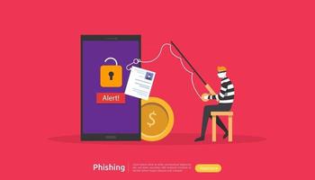 internetbeveiligingsconcept met een klein mensenkarakter. wachtwoord phishing-aanval. persoonlijke gegevens stelen. webbestemmingspagina, banner, presentatie, sociale en gedrukte mediasjabloon. vector illustratie