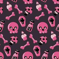 naadloos patroon van schedel, kist, botten, kaarsen, vergif, amanita in roze en zwart kleuren Aan een grijs achtergrond. vector feestelijk illustratie in tekenfilm stijl voor kinderen Aan halloween. parti pakketjes