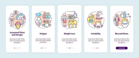 diabetessymptomen aan boord van het paginascherm van de mobiele app. verhoogde dorst en honger walkthrough 5 stappen grafische instructies met concepten. ui, ux, gui vectorsjabloon met lineaire kleurenillustraties vector