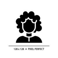 2d pixel perfect vrouw met gekruld haar- glyph stijl icoon, geïsoleerd vector, haarverzorging gemakkelijk zwart silhouet illustratie. vector