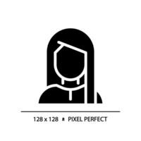 2d pixel perfect vrouw met Rechtdoor kapsel glyph stijl icoon, geïsoleerd vector, haarverzorging gemakkelijk zwart silhouet illustratie. vector