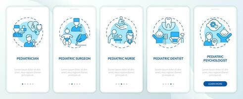 pediatrisch afdeling professionals blauw onboarding mobiel app scherm. walkthrough 5 stappen bewerkbare grafisch instructies met lineair concepten. ui, ux, gui sjabloon vector